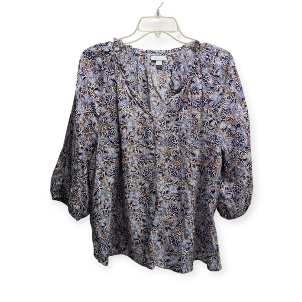 J Jill Love 100% Peasant Linen Cottagecore Boho Floral Tunic Top L Lavander
